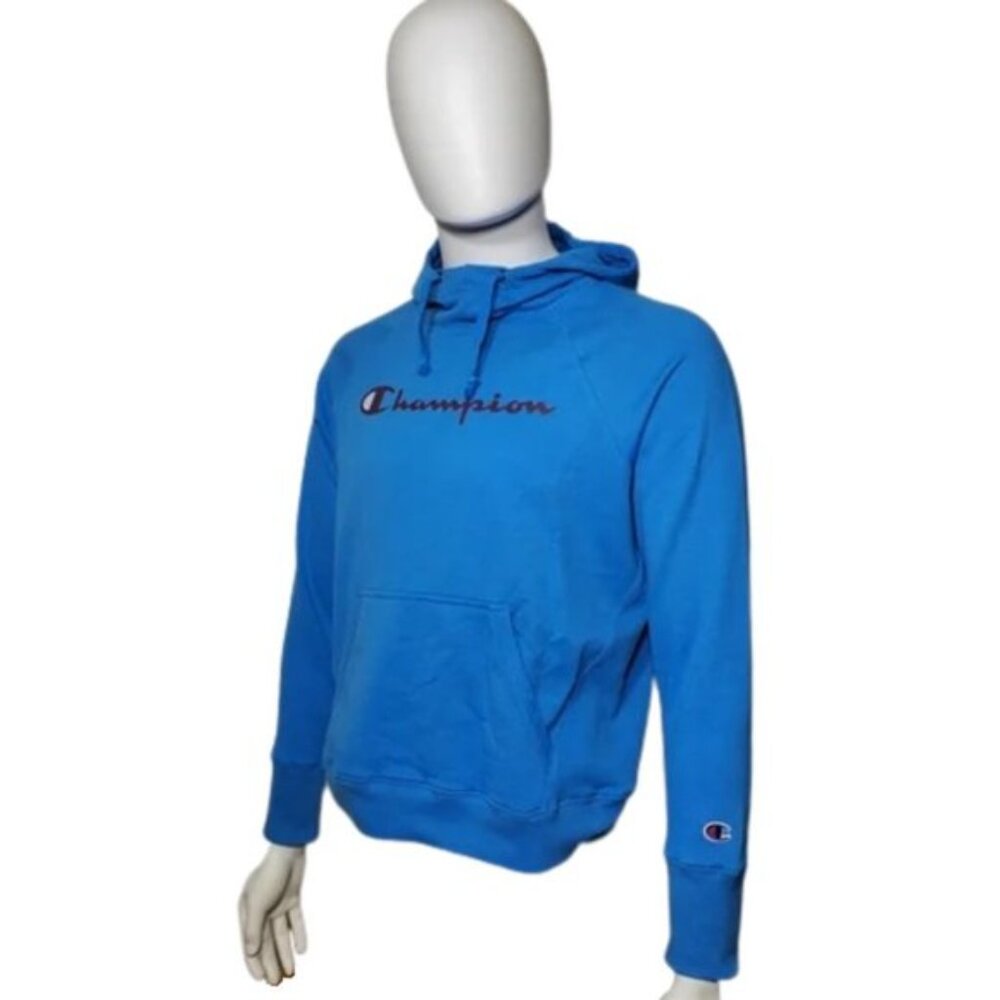 Champion Women's Hoodie Blue Script Logo Pullover Sweatshirt Size M Long Sleeve - Picture 4 of 11